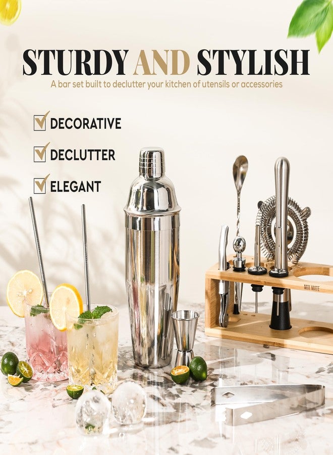MixMate Mixology Bartender Kit with Stand - 15 Piece Bar Tool Set, Silver Bar Set Cocktail Shaker Set for Drink Mixing - Includes Martini Shaker, Jigger, Strainer, Bar Mixer Spoon, Tongs | Gift Idea (Natural) - Image 2